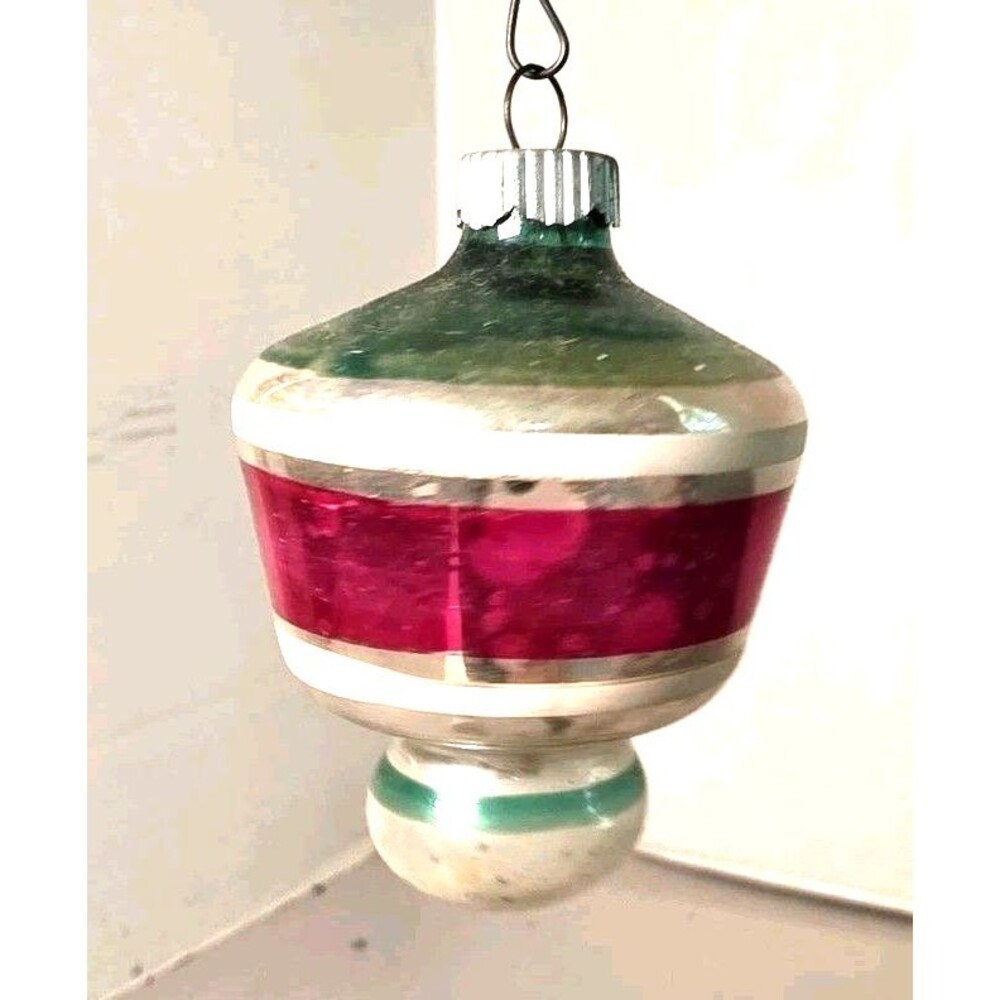 Vintage Shiny Brite Lantern Glass Christmas Ornament Pink and Green Stripes - Picture 3 of 4